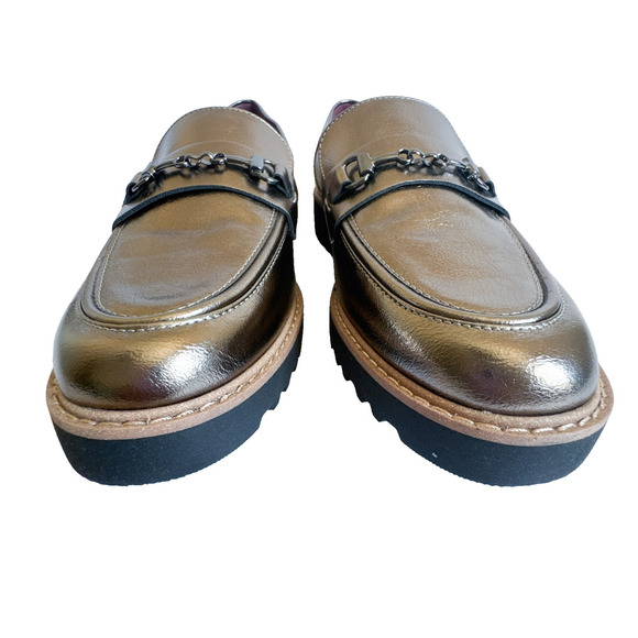 Franco Sarto Colette Metallic Pewter Loafers 8M Lug Sole Bit Slip-On Shoes Women - Picture 3 of 11